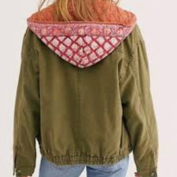 Free People We The Free Military Twill Jacket Olive Green with Quilted Hood S - Picture 2 of 11